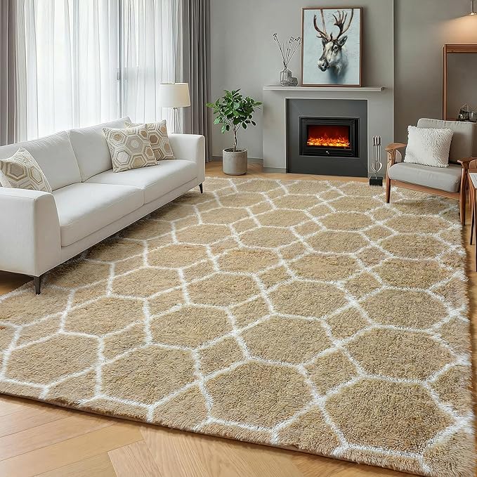 ONASAR Large Area Rugs for Living Room, Fluffy 7x10 Beige and White Thick Floor Rug for Bedroom Home Decor Aesthetic, Soft Fuzzy Shaggy Plush Geometric Carpet for Kids Teen Dorm Classroom Office