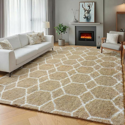 ONASAR Large Area Rugs for Living Room, Fluffy 7x10 Beige and White Thick Floor Rug for Bedroom Home Decor Aesthetic, Soft Fuzzy Shaggy Plush Geometric Carpet for Kids Teen Dorm Classroom Office
