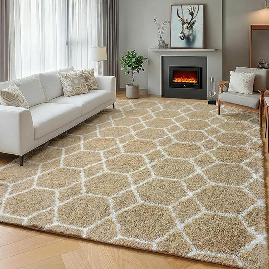 ONASAR 5x7 Area Rugs for Living Room Bedroom, Fluffy Beige and White Shag Rug, Geometric Boho Soft Plush Shaggy Floor Carpet Mat for Nursery Kids Girls Boys Teen Dorm Home Decor Aesthetic