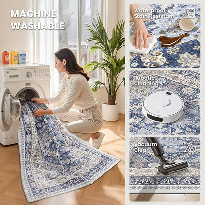 zesthome 7x9 Area Rug, Super Soft Washable Rugs for Living Room, Non-Slip Stain Resistant Vintage Rugs, Ultra-Thin Large Area Rugs (Blue/Beige,7'x9')
