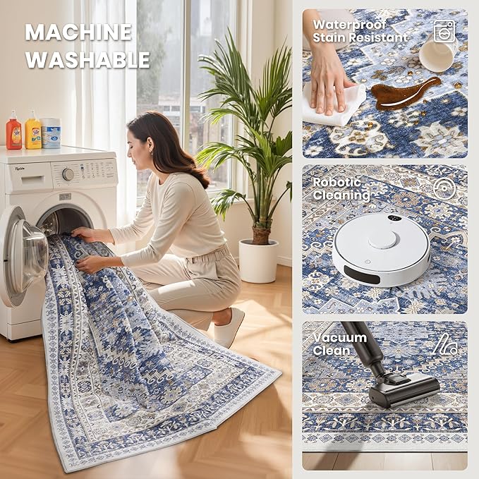 zesthome 5x7 Area Rugs - Ultra-Thin Washble Rug, Stain Resistant Anti Slip Backing Rugs for Living Room,Bedroom, Vintage Home Decor Area Rug (Blue/Beige,5'x7')