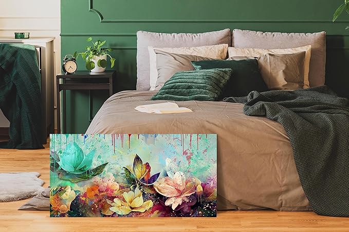 GUGIKA Flower Wall Art for Living Room, Colorful Floral Canvas Wall-Art for Bedroom, Watercolor Lotus Print, Large Size 59x29 Inches
