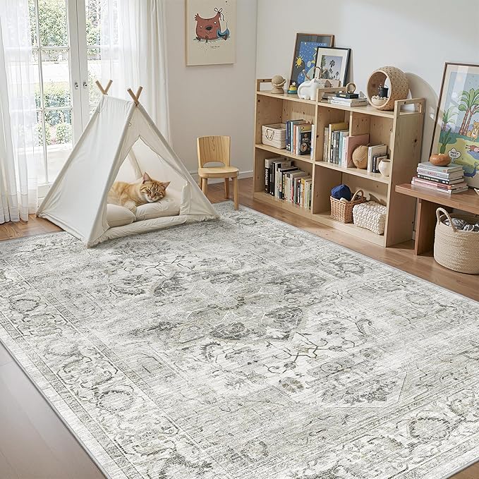 6x9 Area Rugs for Living Room, Machine Washable Non Slip Vintage Rug, Non-Slip Stain Resistant, Large Soft Home Decor Rug for Bedroom Dining Room (Ivory/Gray,6'x9')
