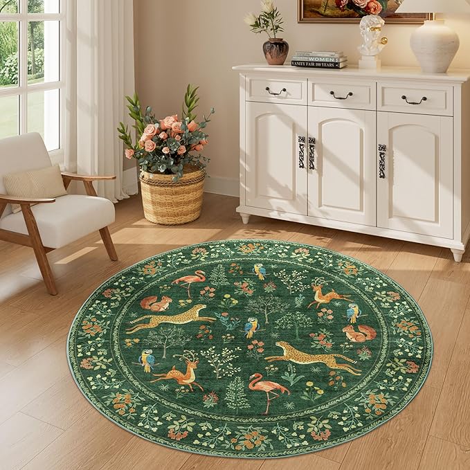 DUKINO 4ft Round Rug, Washable Round Area Rug, Non Slip Indoor Low Pile Animal Design, Soft Small Vintage Circle Carpet for Bedroom, Entryway, Living Room, Dining Room, Green