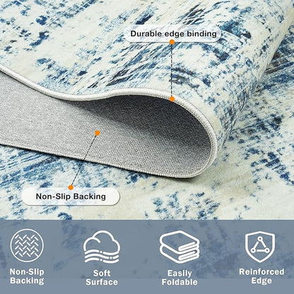 8x10 Area Rugs for Living Room Washable Rug: Anti-Skid Abstract Modern Living Room Rug Soft Thin Carpets Indoor Floor Non-Shedding Carpet for Bedroom Dining Farmhouse Nursery Blue Gray Gold