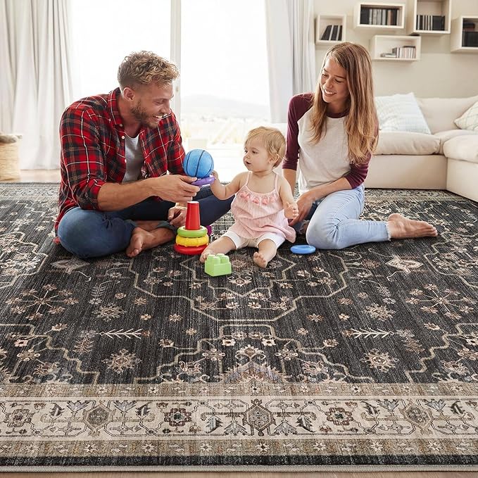 Area Rug for Living Room - 6x9 Soft Washable Oriental Vintage Floral Distressed Large Carpet - Fade Stain Resistant Non Slip Rugs for Bedroom Dining Room Nursery Dorm Office Home Decor - Black
