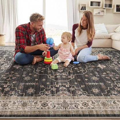 Area Rug for Living Room - 8x10 Soft Washable Oriental Vintage Floral Distressed Large Carpet - Fade Stain Resistant Non Slip Rugs for Bedroom Dining Room Nursery Dorm Office Home Decor - Black
