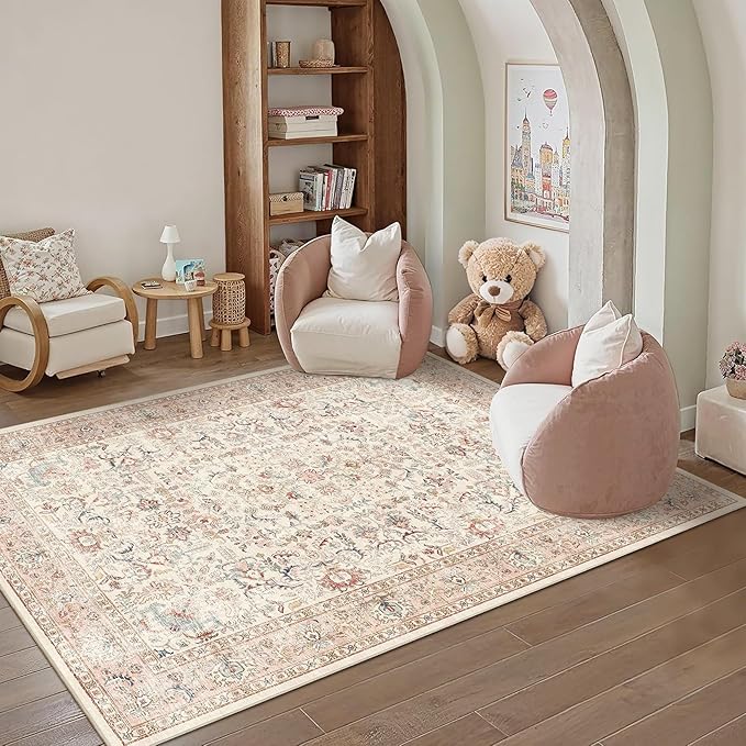 5x7 Pink Washable Area Rugs for Living Room Non Slip Low Pile Vintage Boho Throw Rug Soft Retro Distressed Floral Carpet Indoor Farmhouse Decor for Bedroom Dining Room Office Kitchen Playroom