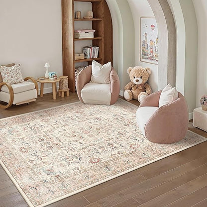 6x9 Pink Washable Area Rugs for Living Room Non Slip Low Pile Vintage Boho Throw Rug Soft Retro Distressed Floral Large Carpet Indoor Farmhouse Decor for Bedroom Dining Room Office Kitchen Playroom