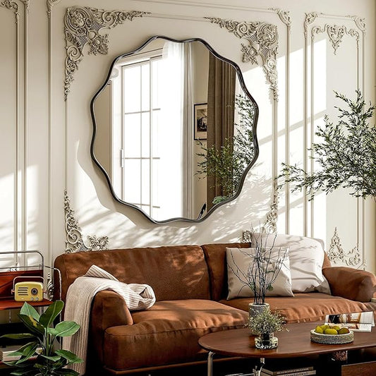 VooBang Black Scalloped Circle Mirror, 36" Wavy Edge Round Wall Mirror with Tempered Glass Textured Circular Metal Deep Frame, Hanging Leaning for Bathroom, Hallway, Entryway, Livng Room