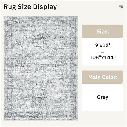 Soalmost 9x12 Area Rugs for Living Room, Non Slip Machine Washable Vintage Rugs, Low Pile Lightweight Large Rug for Bedroom, Dining Room, Home Office Grey