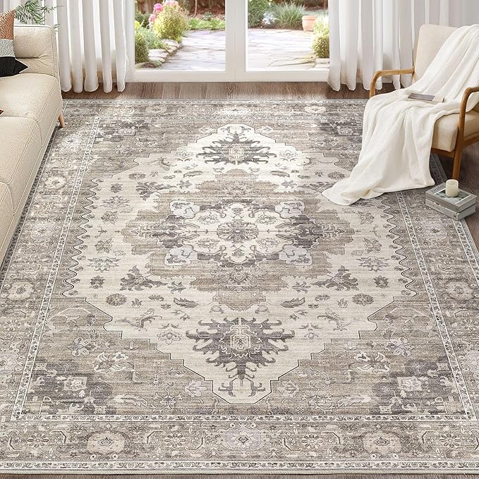 EIEIHOUSE Washable Area Rugs for Living Room -8x11 Neutral Vintage Distressed Floral Farmhouse Boho Large Soft Floor Rug Indoor Non Slip Carpet for Living Room Bedroom Dining Room Office-Brown/Beige