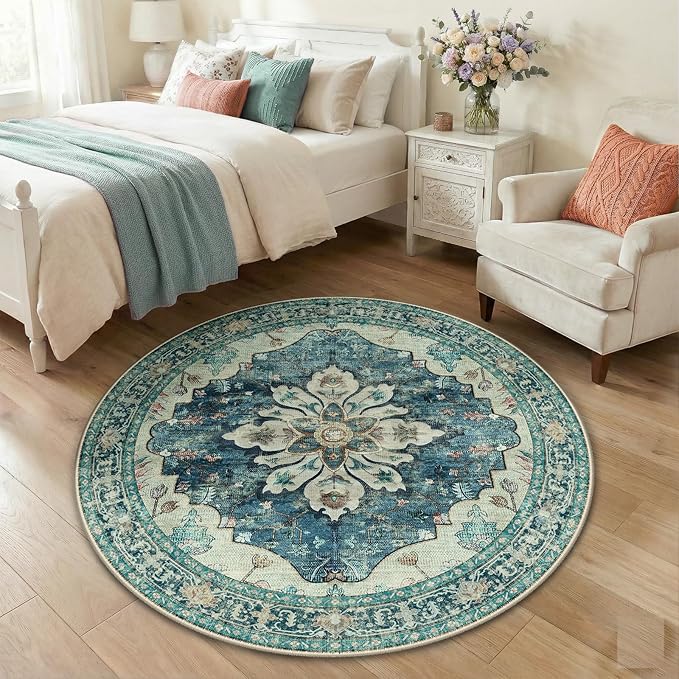 RELEANY Area Rugs Round 4ft Washable Non-Slip, Floral Vintage Distress Print Pattern Medallion Carpet for Living Room Bedroom Dining Room, Dark Blue Vintage