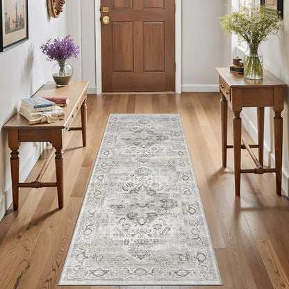 Hallway Washable 2.6x8 Runner Rug - Kitchen Rugs with Non Slip Backing Vintage Soft Farmhouse Entryway Mat for Living Room Laundry Bedroom Bathroom Ivory/Gray