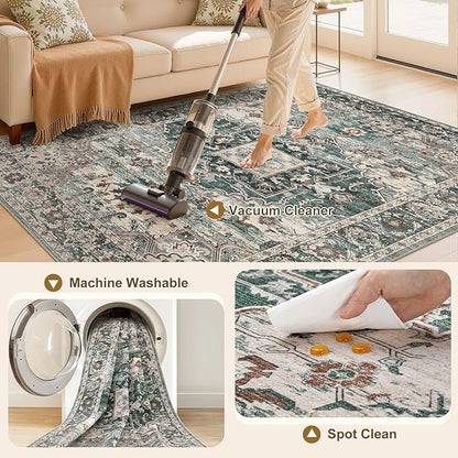 8x10 Washable Area Rugs for Living Room: Non Slip Vintage Green Rug, Large Soft Stain Resistant Indoor Floor Carpets for Bedroom Dining Room Nursery Home Office Kid & Pet Friendly