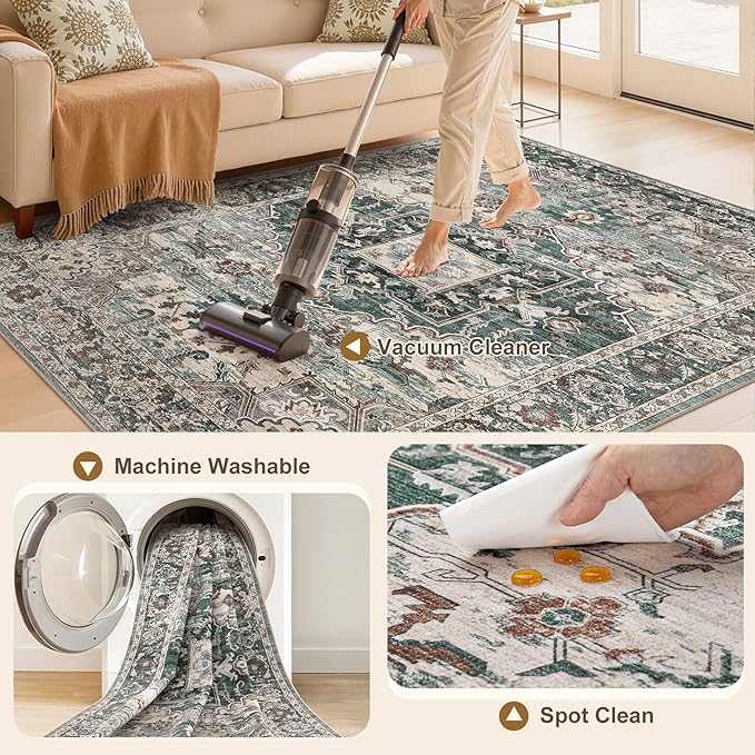 3x5 Washable Area Rugs for Living Room: Non Slip Vintage Green Rug, Large Soft Stain Resistant Indoor Floor Carpets for Bedroom Dining Room Nursery Home Office Kid & Pet Friendly