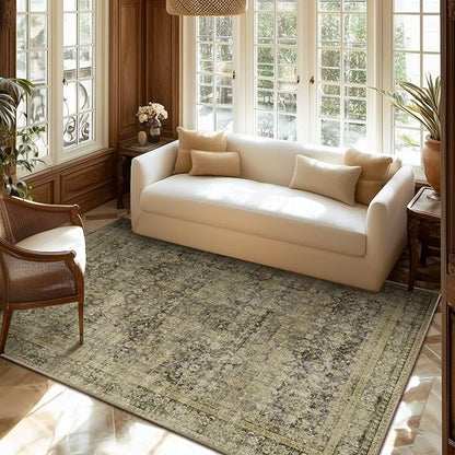 Washable 4x6 Rugs for Living Room, Boho Non-Slip Vintage Distress Small Rugs for Bedroom Nursery Office, 0.3" Neutral Oriental Throw Thin Carpet with Cushioning Pad, Moss/Yellow/Multi, C3