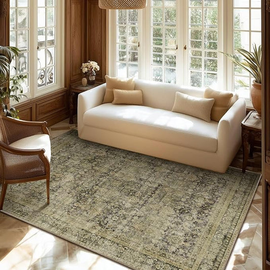 Washable 4x6 Rugs for Living Room, Boho Non-Slip Vintage Distress Small Rugs for Bedroom Nursery Office, 0.3" Neutral Oriental Throw Thin Carpet with Cushioning Pad, Moss/Yellow/Multi, C3
