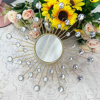 Uaussi 3 Pack Crystal Sunburst Wall Mirror Décor Rhinestone Mirrors Decorative Home Wall Art for Living Room Bedroom Entryway(Flower+Sunburst Gold)