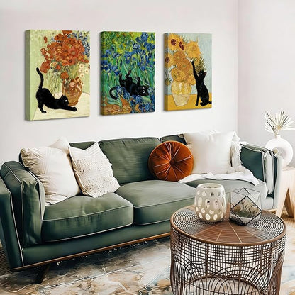 WENGTIAO 3Pcs Black Cat Wall Art Prints Vintage Van Gogh Sunflower Cat Canvas Paintings Irises Floral Pictures Flower Aesthetic Artwork for Living Room Bedroom 16”x24”x3