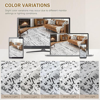 Area Rug for Living Room - 7x9 Soft Washable Oriental Vintage Floral Distressed Large Carpet - Fade Stain Resistant Non Slip Rugs for Bedroom Dining Room Nursery Dorm Office Home Decor - White Black