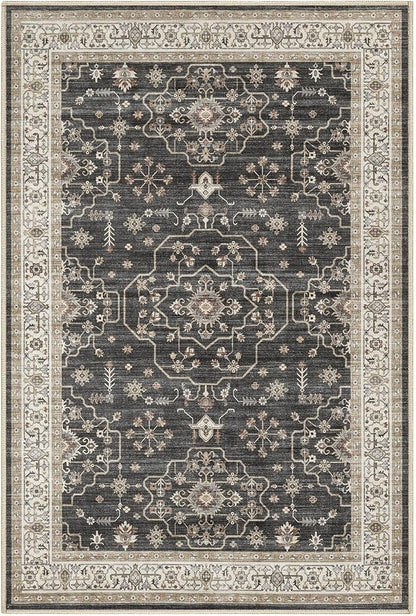 Area Rug for Living Room - 2x3 Soft Washable Oriental Vintage Floral Distressed Large Carpet - Fade Stain Resistant Non Slip Rugs for Bedroom Dining Room Nursery Dorm Office Home Decor - Black