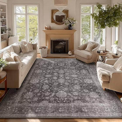 Washable 8x10 Area Rugs for Living Room, Boho Non-Slip Vintage Distress Large Rugs for Bedroom Dining Room Nursery Office, 0.3" Neutral Oriental Throw Thin Carpet, Grey/Multi, E3