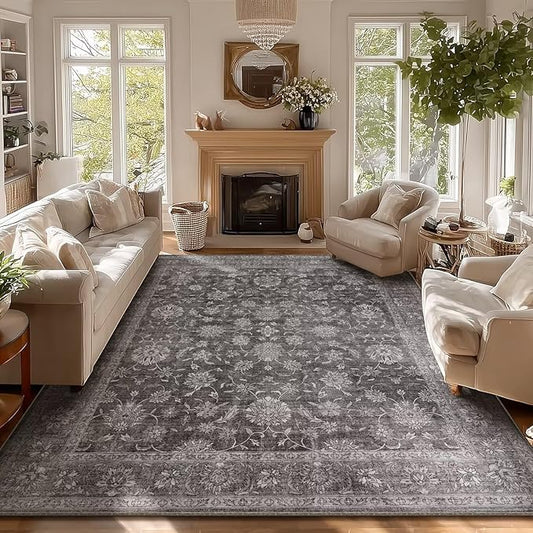 Washable 8x10 Area Rugs for Living Room, Boho Non-Slip Vintage Distress Large Rugs for Bedroom Dining Room Nursery Office, 0.3" Neutral Oriental Throw Thin Carpet, Grey/Multi, E3