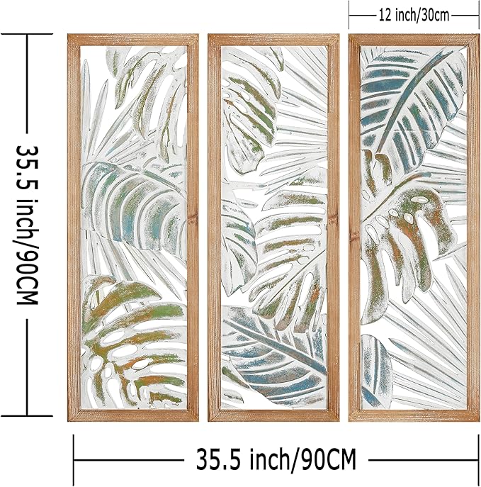 XIAOAIKA Boho Hand-Carved Wood Wall Art Decor, 35.5" Tropical Leaf Design, Distressed White Wood Panels, Decorative Hanging Wall Sculpture for Living Room, Bedroom, Office (Set of 3 Panels)