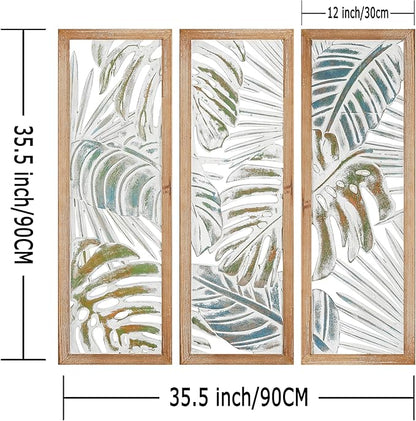 XIAOAIKA Boho Hand-Carved Wood Wall Art Decor, 35.5" Tropical Leaf Design, Distressed White Wood Panels, Decorative Hanging Wall Sculpture for Living Room, Bedroom, Office (Set of 3 Panels)