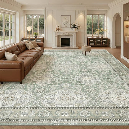 Soalmost 10x14 Area Rugs for Living Room, Non Slip Machine Washable Vintage Rugs, Low Pile Lightweight Large Rug for Bedroom, Dining Room, Home Office Green/Brown
