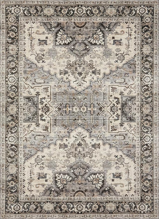 Area Rug for Living Room - 9x12 Soft Machine Washable Oriental Vintage Floral Distressed Large Indoor Floor Carpet for Bedroom Under Dining Table Home Office Decor - Brown