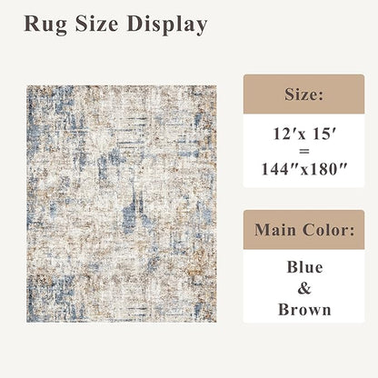 12x15 Area Rug for Living Room – Large Modern Neutral Abstract Thin Washable Carpet, Soft Low Pile Non-Slip Stain-Resistant for Bedroom Dining Room Home Office（Blue Brown）