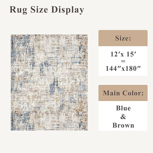 12x15 Area Rug for Living Room – Large Modern Neutral Abstract Thin Washable Carpet, Soft Low Pile Non-Slip Stain-Resistant for Bedroom Dining Room Home Office（Blue Brown）