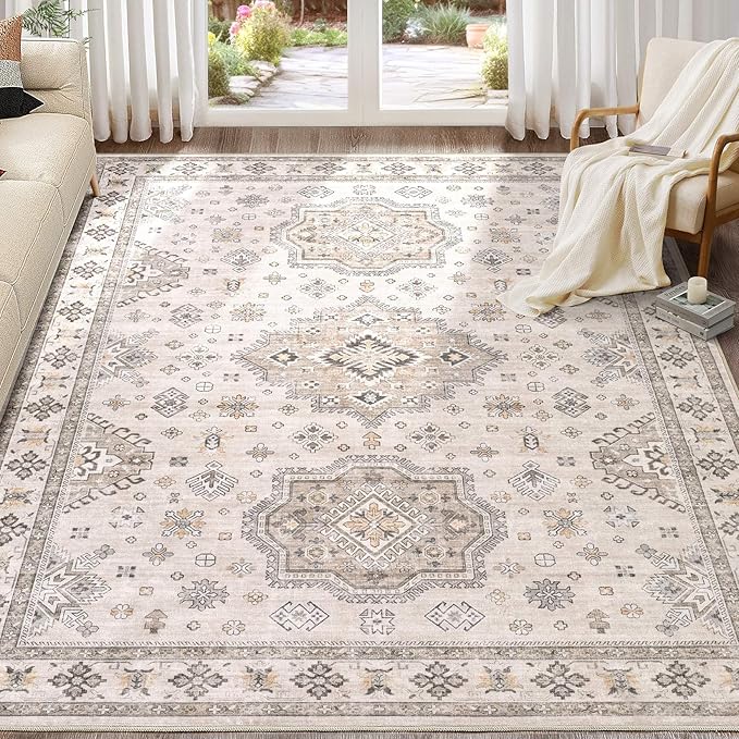 EIEIHOUSE Washable Area Rugs for Living Room -8x10 Neutral Vintage Distressed Floral Farmhouse Boho Large Soft Floor Rug Indoor Non Slip Carpet for Living Room Bedroom Dining Room Office -Beige Brown