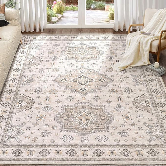 EIEIHOUSE Washable Area Rugs for Living Room -8x10 Neutral Vintage Distressed Floral Farmhouse Boho Large Soft Floor Rug Indoor Non Slip Carpet for Living Room Bedroom Dining Room Office -Beige Brown