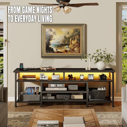 Korfile TV Stand for 60/65/70 inch TV, 63 in Gaming Entertainment Center with LED Lights and Power Outlets, TV Console Table with Open Shelves for Living Room and Bedroom, Black