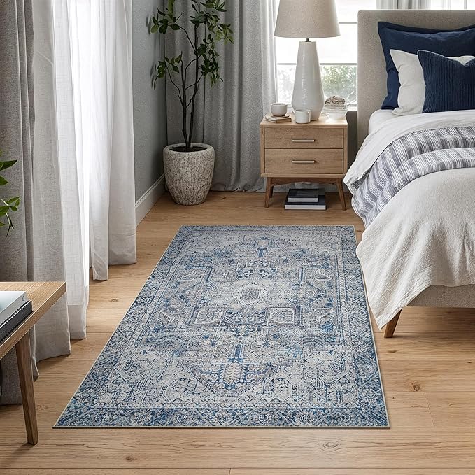 Bloom Rugs Washable Non-Slip 3' x 5' Rug - Blue/Gray Traditional Area Rug for Living Room, Bedroom, Dining Room, and Kitchen - Exact Size: 3' x 5'