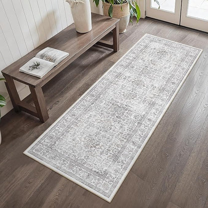 2x6 Gray Runner Rug Hallway Non Slip Washable Area Rugs Kitchen Soft Vintage Boho Long Rug Distressed Floral Carpet Indoor Low Pile Throw Rug for Bedroom Bathroom Laundry Dining Room Office
