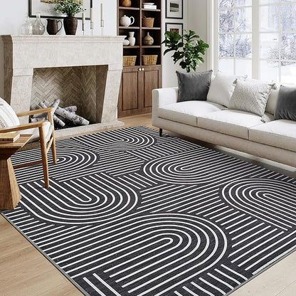 ROYHOME Washable Rug 8x10 Area Rugs for Living Room, Abstract Rug for Bedroom, Soft Rainbow Non Slip Throw Rugs with Rubber Back, Low Pile Stain Resistant Boho Geometric Carpet for Dining Room, Black