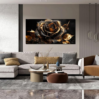 Ouzzlie Large Black Canvas Art for Bedroom Rose Wall Art Flower Picture Gold Wall Decor Artwork for Living Room Office 24" x 48"