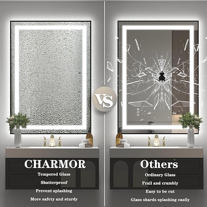 24x36 Framed LED Bathroom Mirror, Lighted Vanity Mirror with Lights, Dimmable Illuminated Mirror for Wall, Anti-Fog, Shatterproof (Front Lights and Backlit)