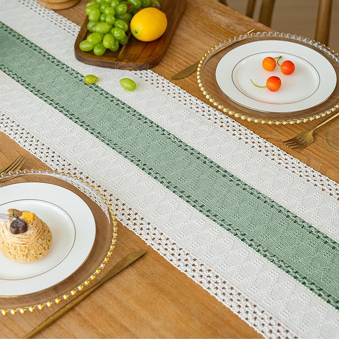FEXIA Sage Green Table Runner 60 Inches Long with Tassels Boho for Summer Home Decor Rustic Macrame Farmhouse Table Cover for Wedding Party Bohemian Bridal Shower Dining Decorations(12x60 Inches)