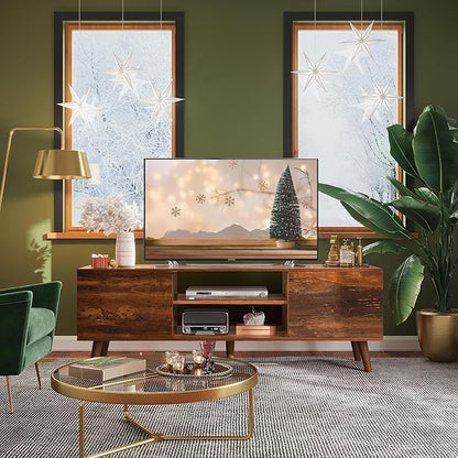 WLIVE TV Stand for 55 60 Inch TV, mid Century Modern Entertainment Center with 2 Cabinets Storage & Adjustable Shelf, Media Console Table for Living Room, Bedroom, Media Furniture, Retro Brown