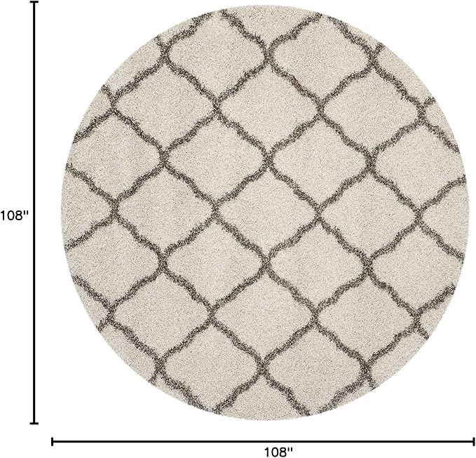 SAFAVIEH Hudson Shag Collection Area Rug - 9' Round, Ivory & Grey, Moroccan Trellis Design, Non-Shedding & Easy Care, 2-inch Thick Ideal for High Traffic Areas in Living Room, Bedroom (SGH283A)