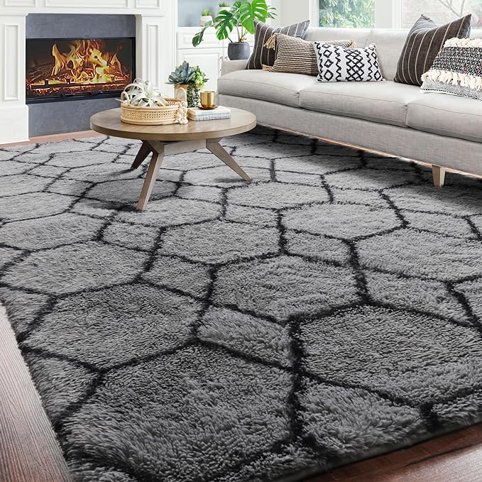 ONASAR 7x9 Area Rugs for Living Room Bedroom, Large Fluffy Grey and Black Throw Rug, Geometric Soft Plush Shaggy Floor Carpet for Nursery Kids Girls Boys Teen Dorm Home Decor Aesthetic