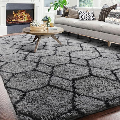 ONASAR 7x9 Area Rugs for Living Room Bedroom, Large Fluffy Grey and Black Throw Rug, Geometric Soft Plush Shaggy Floor Carpet for Nursery Kids Girls Boys Teen Dorm Home Decor Aesthetic