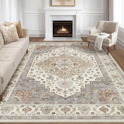 7x9 Area Rug Living Room: Washable Boho Large Neutral Vintage Soft Rugs Stain Resistant Farmhouse Non-Slip Indoor Floor Carpet for Bedroom Nursery Kids Playroom Office Dining Room- Orange Beige
