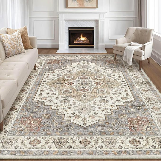 7x10 Area Rug Living Room: Washable Boho Large Neutral Vintage Soft Rugs Stain Resistant Farmhouse Non-Slip Indoor Floor Carpet for Bedroom Nursery Kids Playroom Office Dining Room- Orange Beige