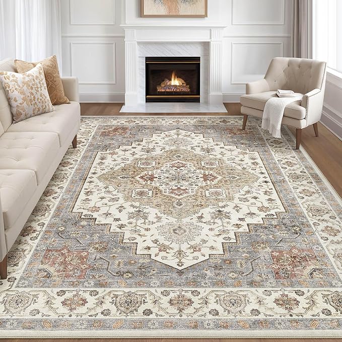 8x10 Area Rugs Living Room: Washable Boho Large Neutral Vintage Soft Rug Stain Resistant Farmhouse Non-Slip Indoor Floor Carpet for Bedroom Nursery Kids Playroom Office Dining Room- Orange Beige